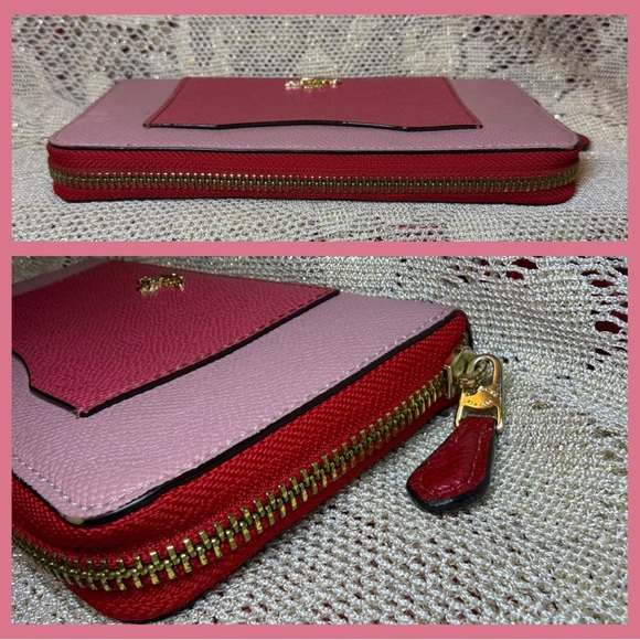 Coach Zip Around Wallet Leather Colorblock Pink & Red  Accordion Women's Wallet - Picture 10 of 11